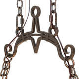 Chain and hanger detail showing rustic metal links and Gothic-inspired bracket.