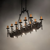 Downlight lit view of chandelier showing focused task illumination beneath the fixture.