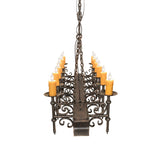 End view of showing symmetrical candle layout, metal detailing, and wood grain construction.