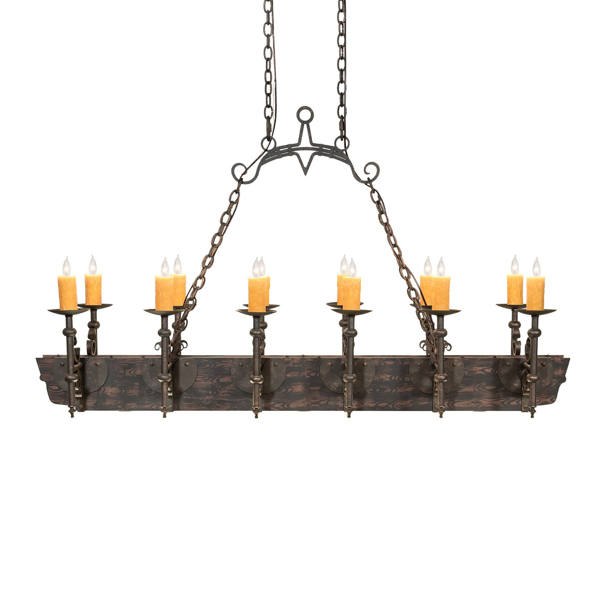 Front view of Tudor 12-light oblong chandelier with evenly spaced faux candles.