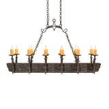 Front view of Tudor 12-light oblong chandelier with evenly spaced faux candles.