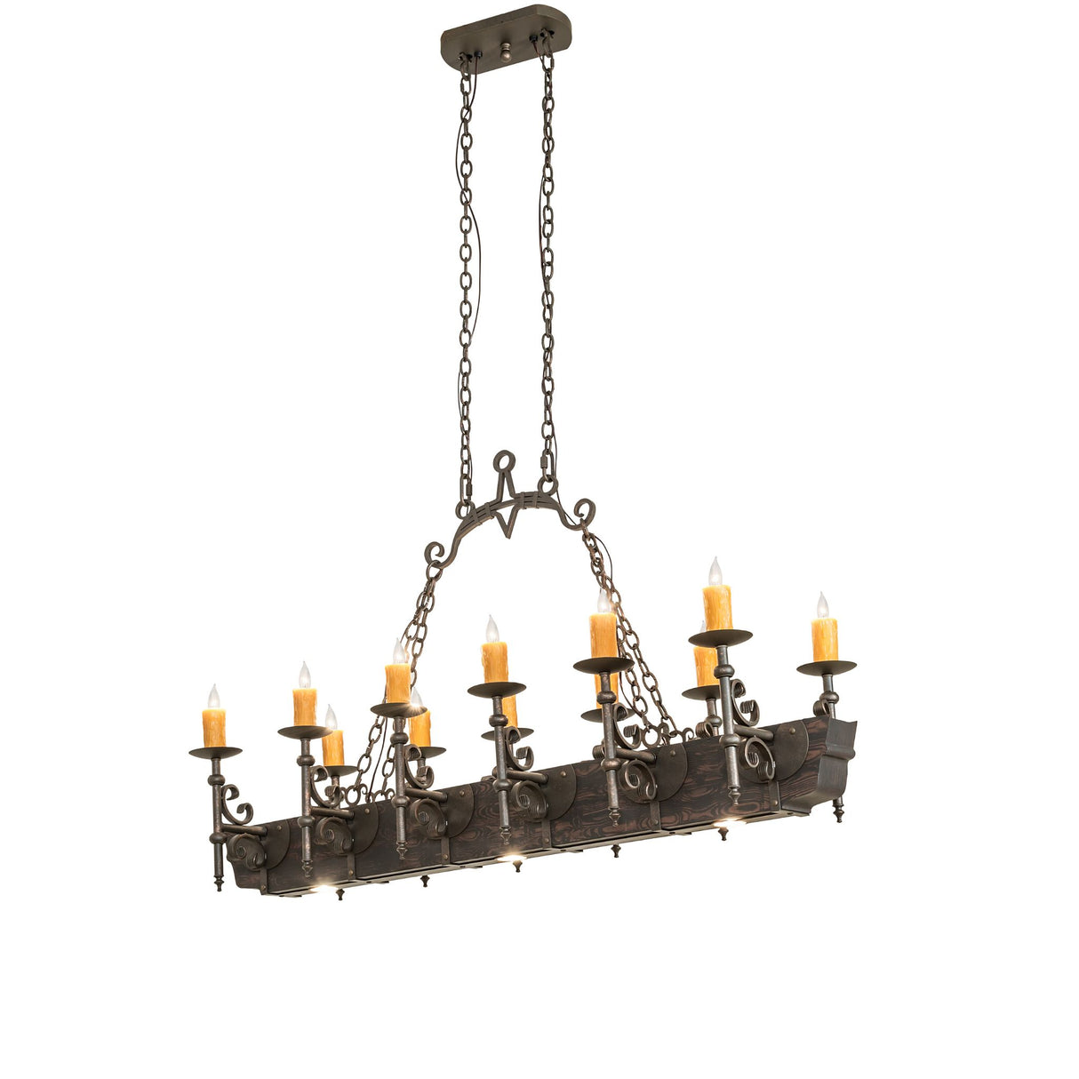 Full view showing complete wood beam structure, candle lighting, and chain suspension.