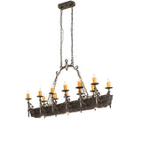 Full view showing complete wood beam structure, candle lighting, and chain suspension.