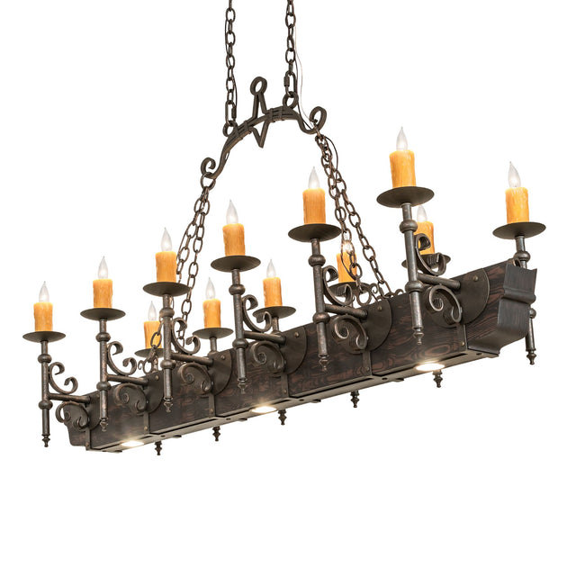 Lit view of Tudor 12-light oblong chandelier with faux candlelights and wood-grain body.