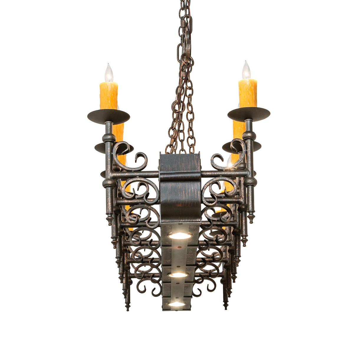 Side angle view highlighting layered metal scrollwork and rectangular chandelier form.