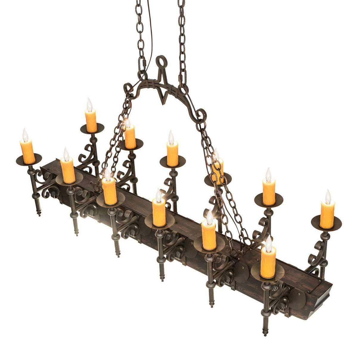 Top angle view of chandelier showing candle arrangement and chain suspension.