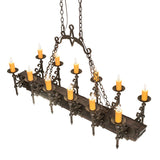 Top angle view of chandelier showing candle arrangement and chain suspension.