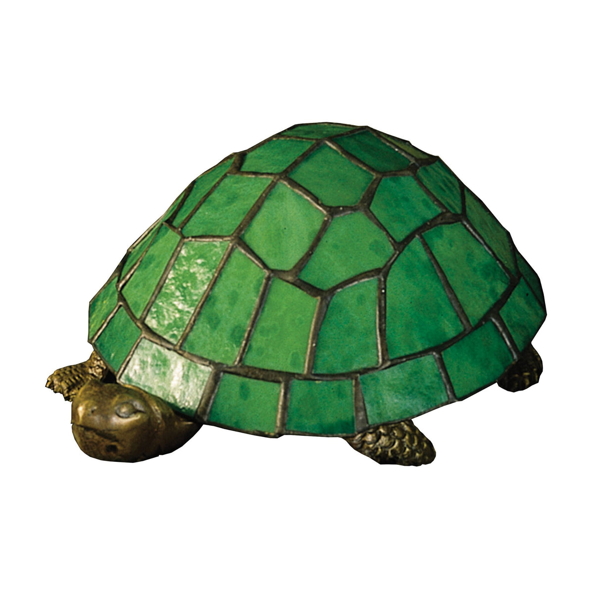 Green turtle accent lamp with a gold base and mottled green stained glass shade.