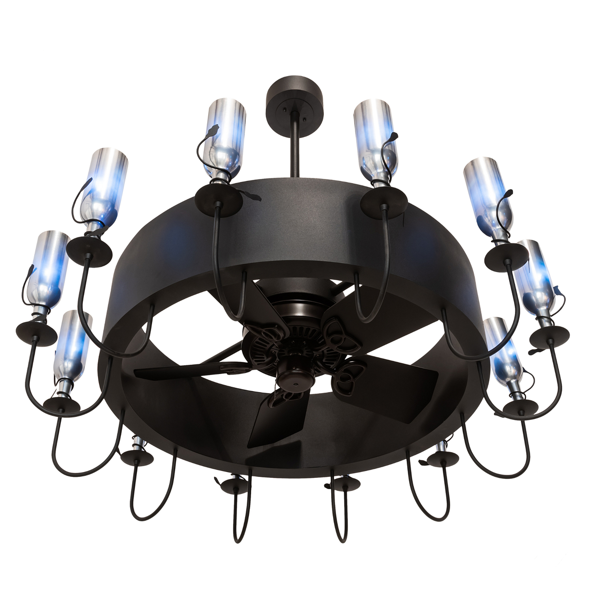 Bottom angle lit view showing fan blades and blue bottle illumination.