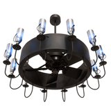 Bottom angle lit view showing fan blades and blue bottle illumination.