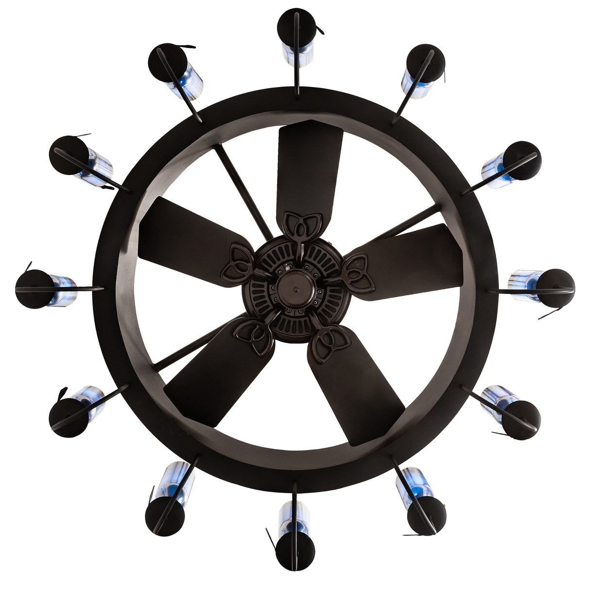 Bottom view of Tuscan Vineyard Chandel-Air displaying fan and full lighting.