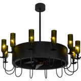 Bottom angle lit view highlighting fan blades and amber glow through bottles.