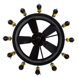 Bottom view showing central fan surrounded by illuminated bottles.