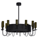 Front angle unlit view showing wine bottle lights and black circular frame.
