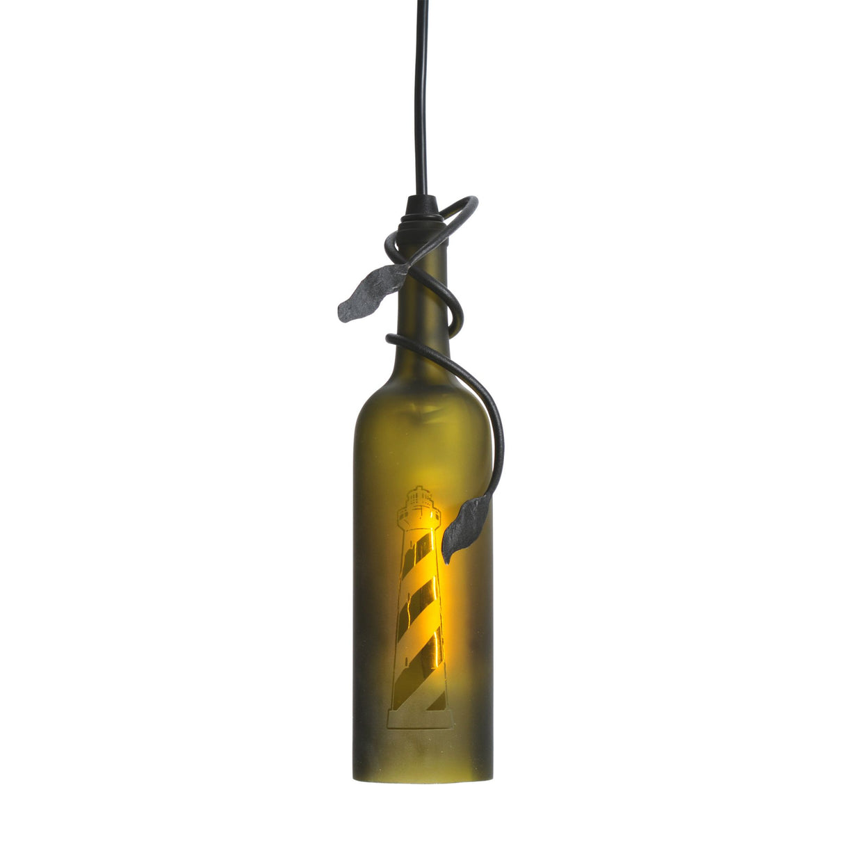 Green frosted wine bottle pendant with lighthouse etching and vine accent.