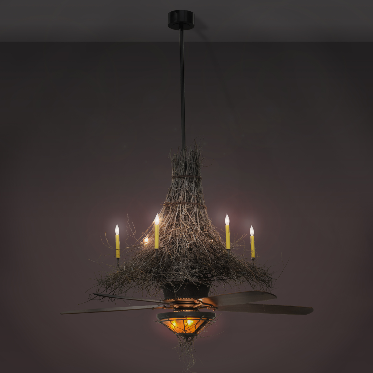 Twigs Fan Light Chandel-Air illuminated in a dark room setting.