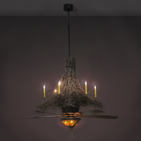 Twigs Fan Light Chandel-Air illuminated in a dark room setting.