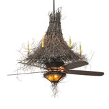 Side lit view showing glowing amber mica shade and branch details.