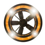 Direct bottom lit view showing fan with circular amber illumination.