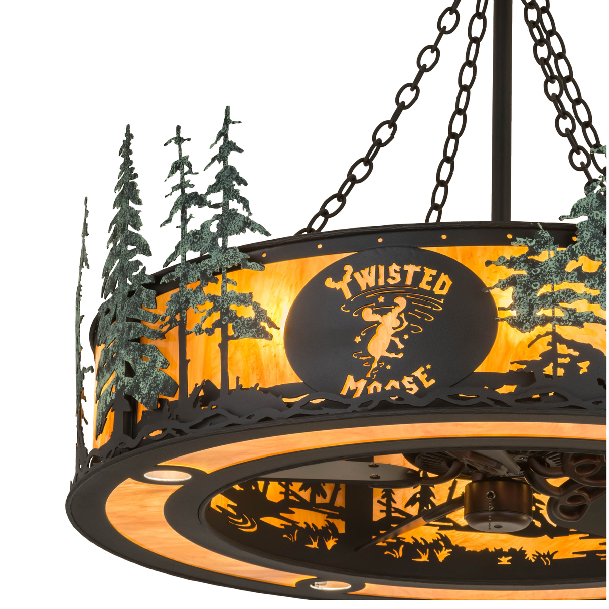 Closeup lit view emphasizing Twisted Moose logo and tree detailing.