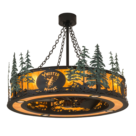 Front angled lit view with glowing amber mica and pine details.