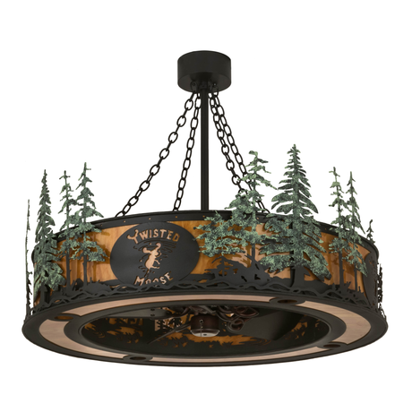 Front angled unlit view showing logo and pine forest cutouts.