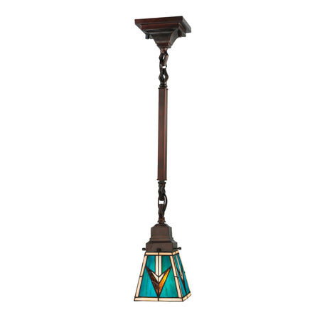 Mission-style mini pendant with turquoise, beige, and brown geometric stained glass design.