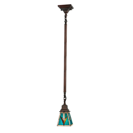 Mission-style mini pendant with turquoise and beige stained glass design.