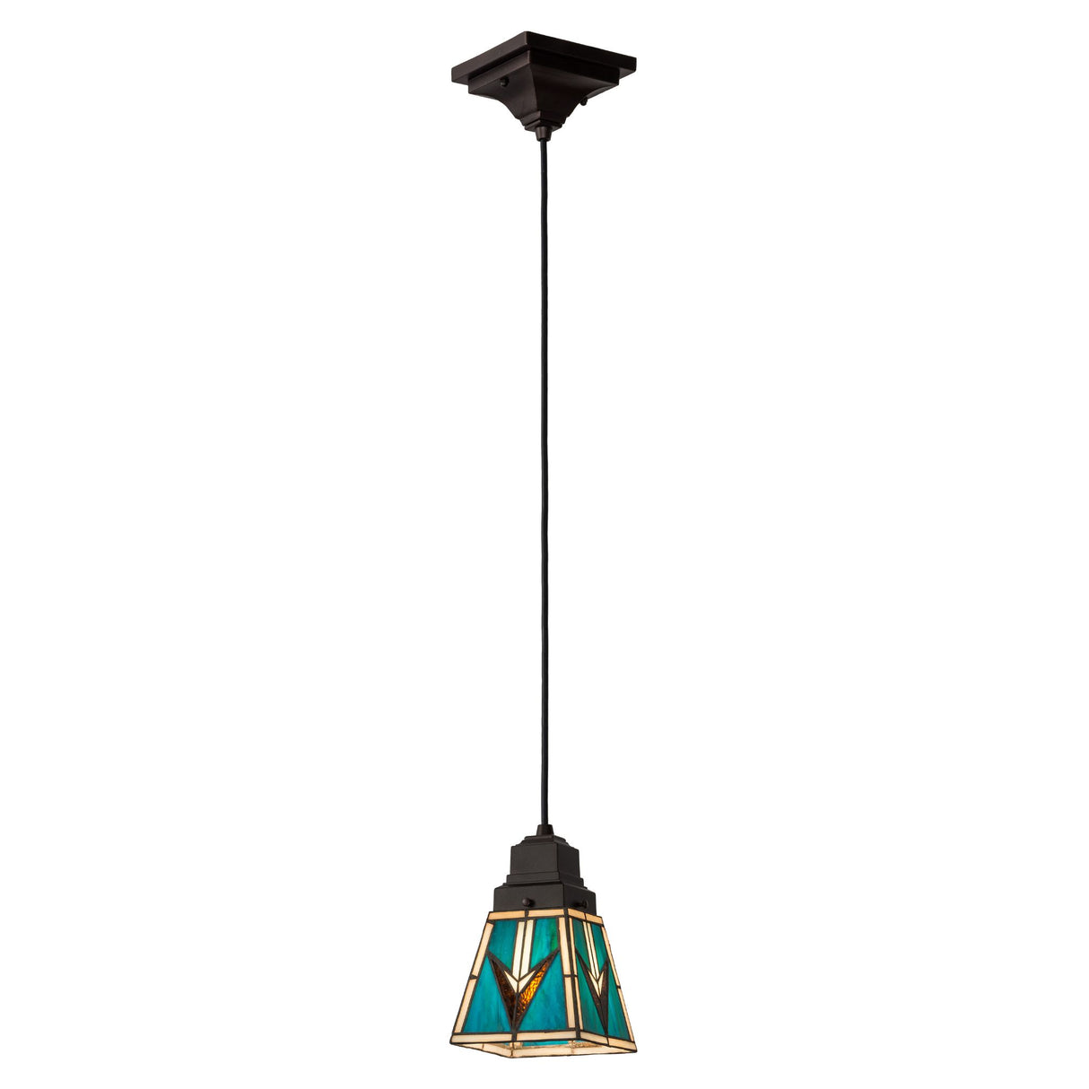 Full hanging view of the Valencia Mission Mini Pendant with an adjustable suspension cord.