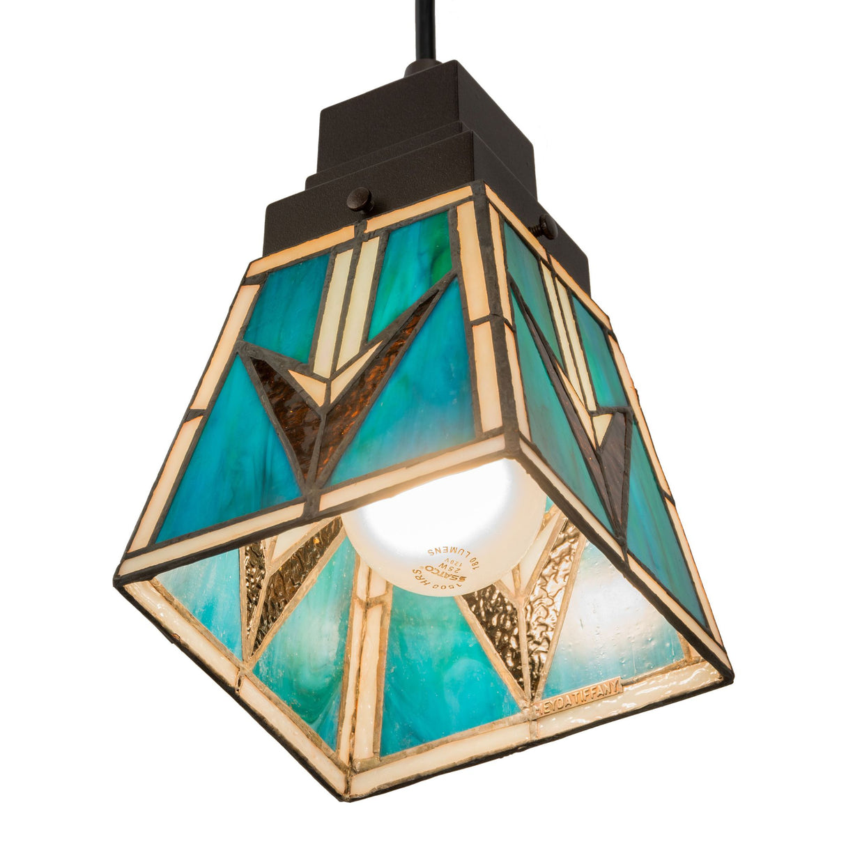 Illuminated view of the Valencia Mission Mini Pendant emitting a warm glow through the stained glass.