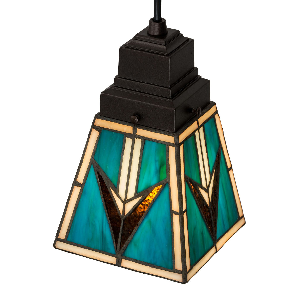 Top view of the Valencia Mission Mini Pendant’s stained glass pattern and arrowhead details.