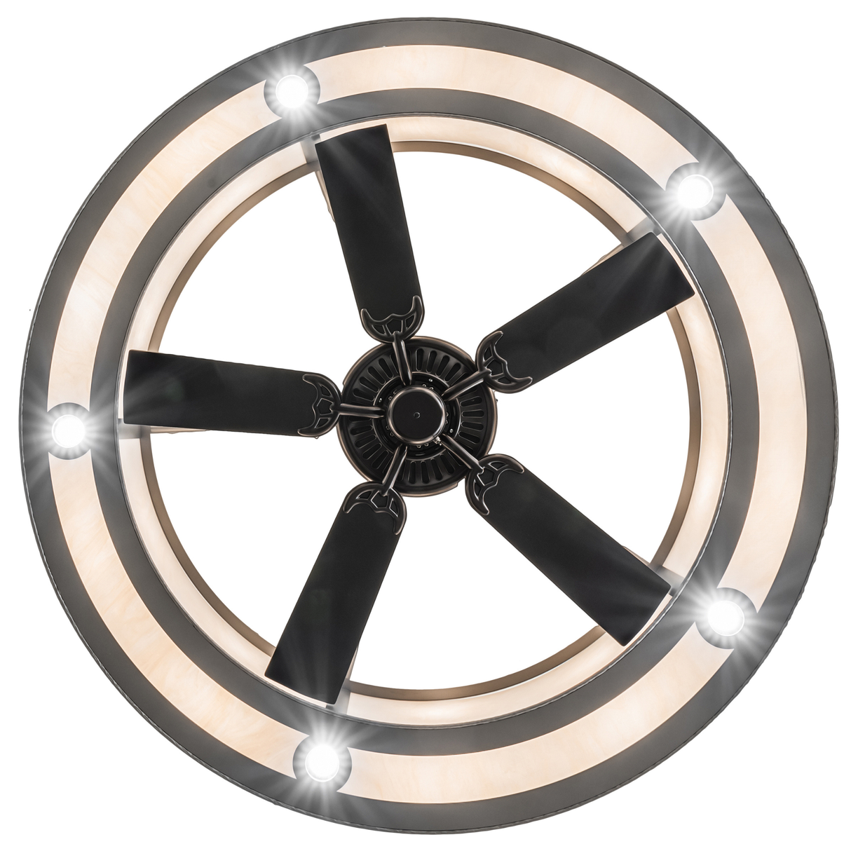 Bottom view featuring LED downlights and fan layout.
