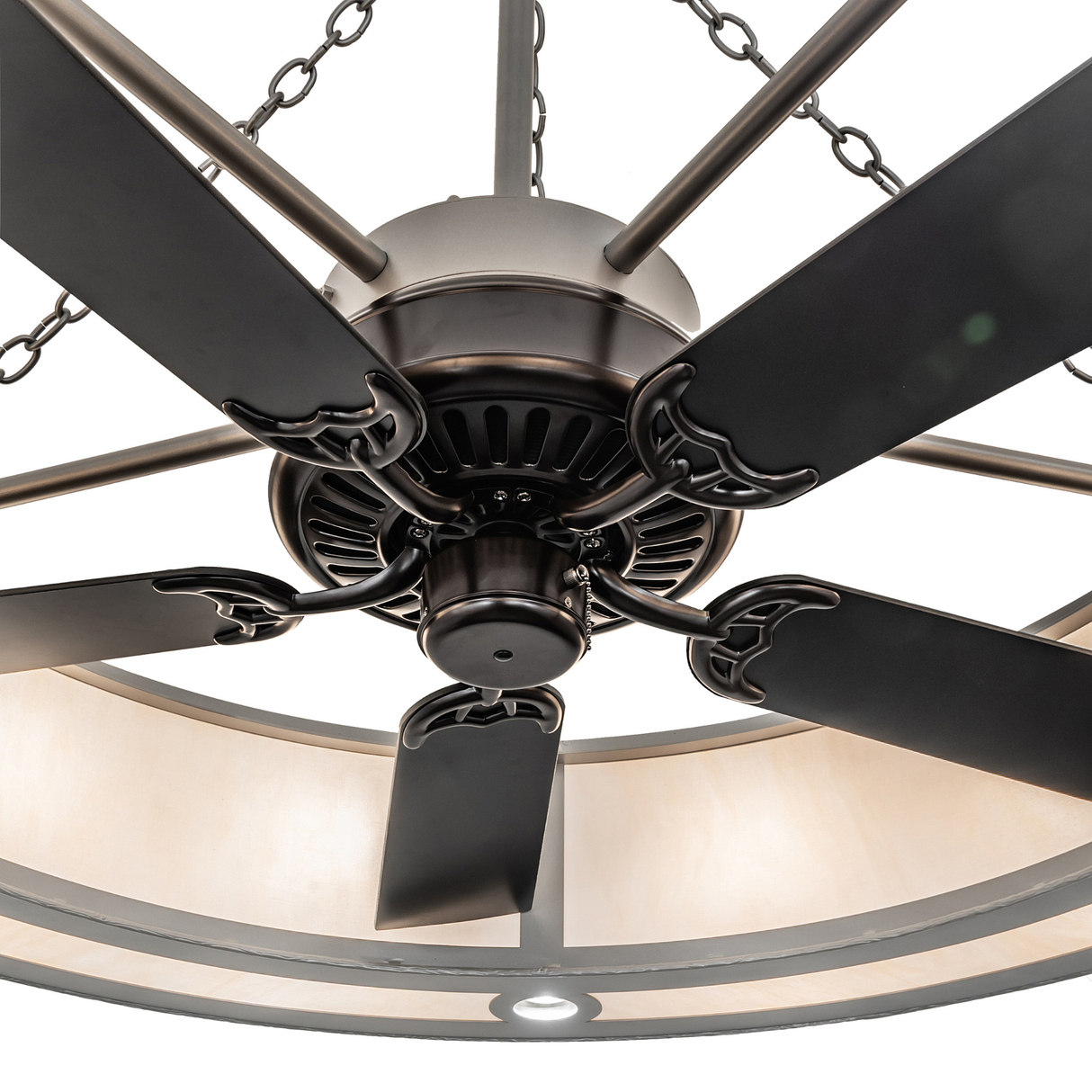 Close-up of fan motor and metal blade detailing.