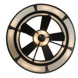 Direct bottom view showing lit panels surrounding the fan blades.