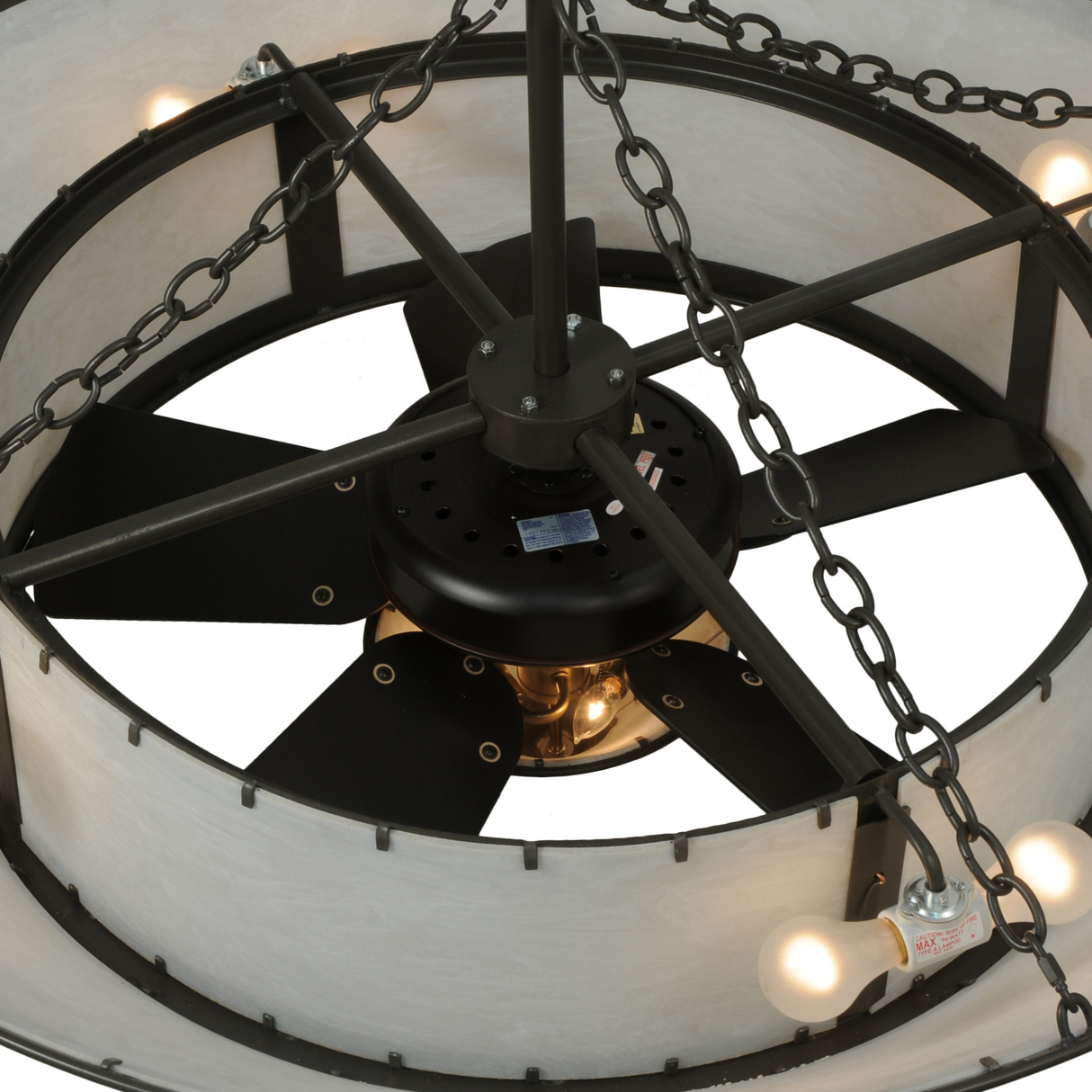 Interior top view showing the fan assembly and evenly lit inner bulbs.