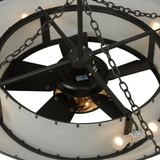 Interior top view showing the fan assembly and evenly lit inner bulbs.