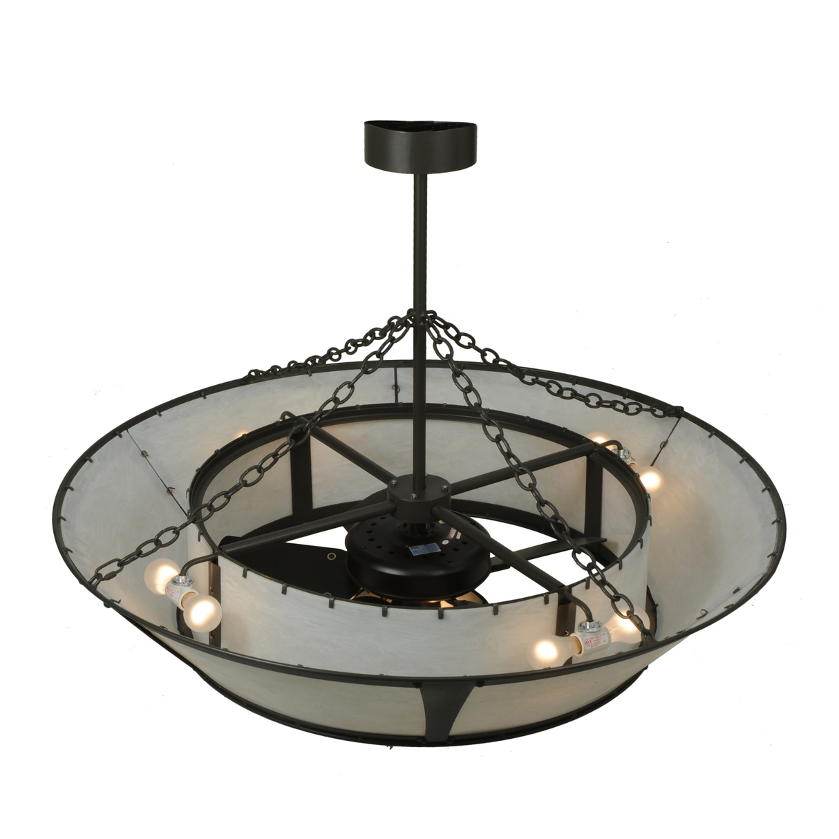 Unlit top-side angle highlighting the inner bulb ring and support chains.