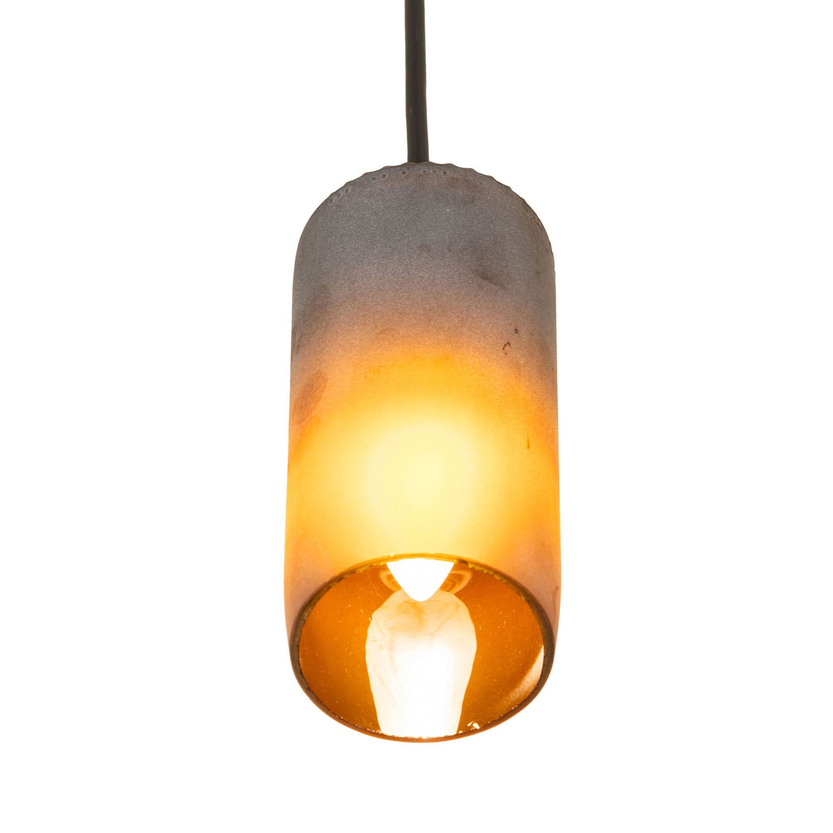 Bottom view of the Venice Frosted Amber Wine Bottle Mini Pendant glowing warmly.