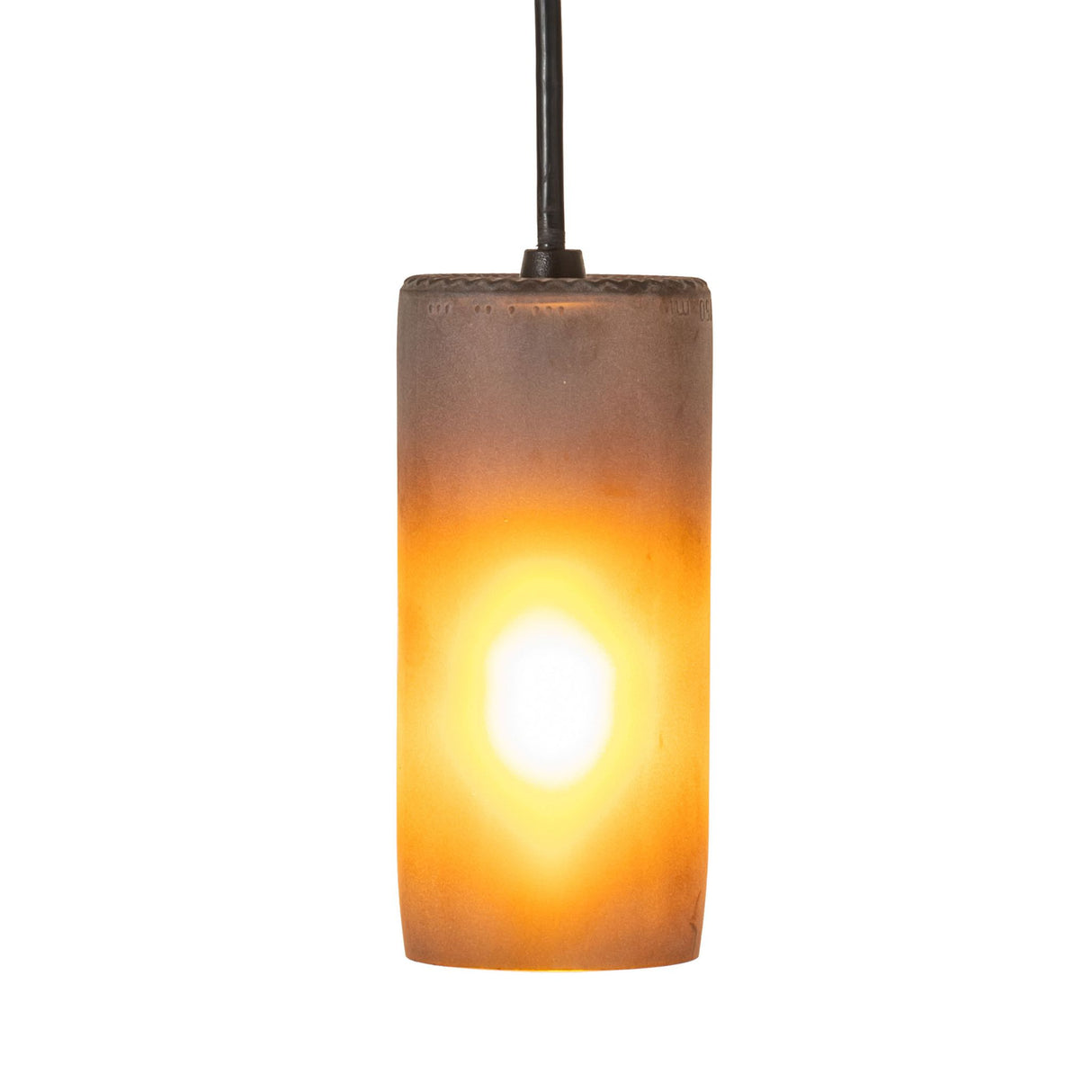 Close-up of the Venice Frosted Amber Wine Bottle Mini Pendant glowing warmly.