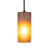 Close-up of the Venice Frosted Amber Wine Bottle Mini Pendant glowing warmly.