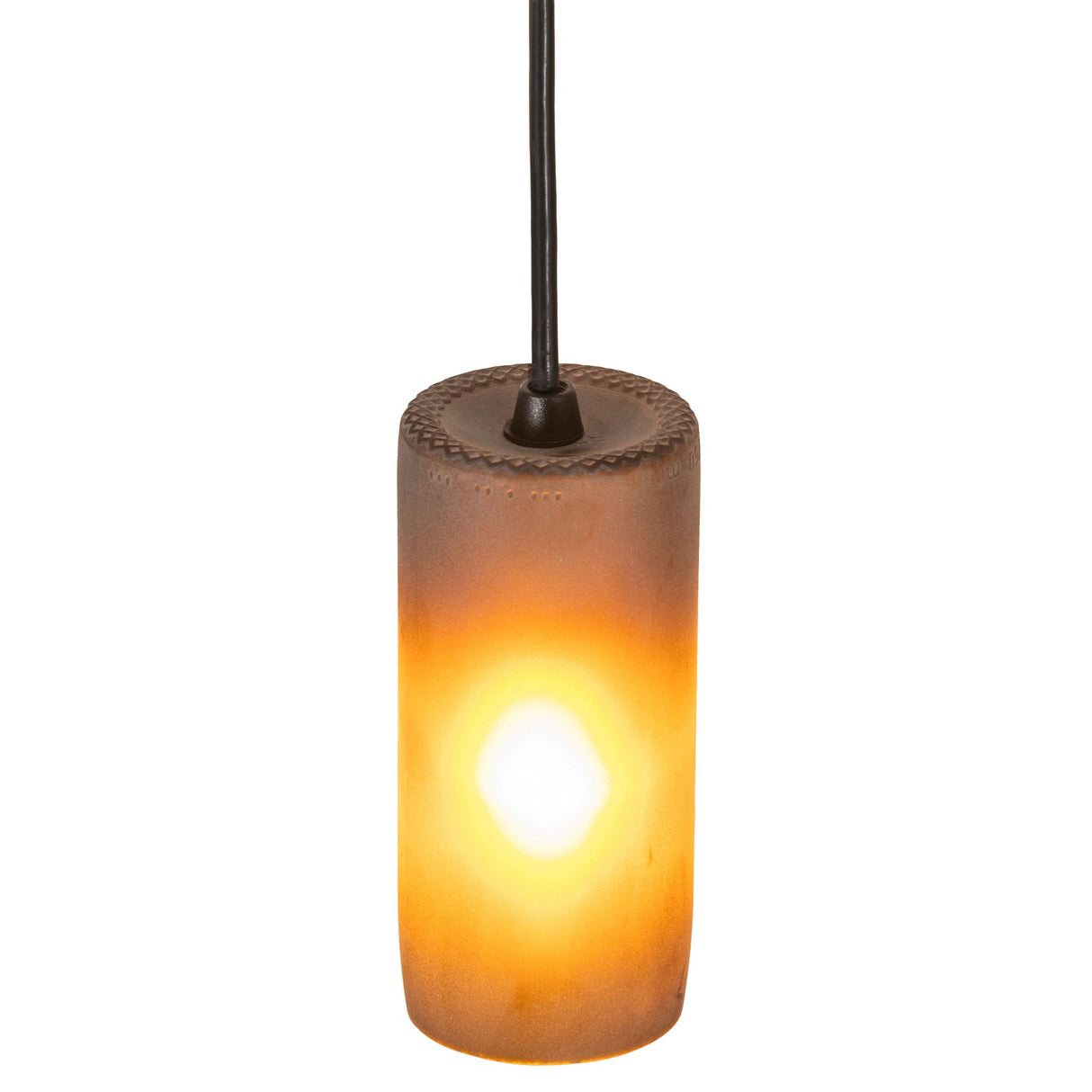 Top view of the Venice Frosted Amber Wine Bottle Mini Pendant illuminated.