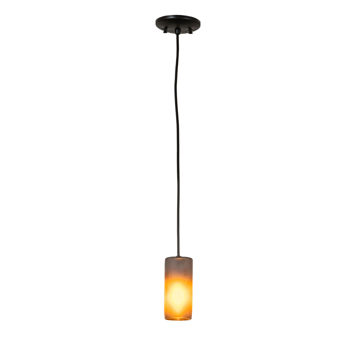 Full hanging view of the Venice Frosted Amber Wine Bottle Mini Pendant glowing softly.