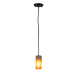 Full hanging view of the Venice Frosted Amber Wine Bottle Mini Pendant glowing softly.
