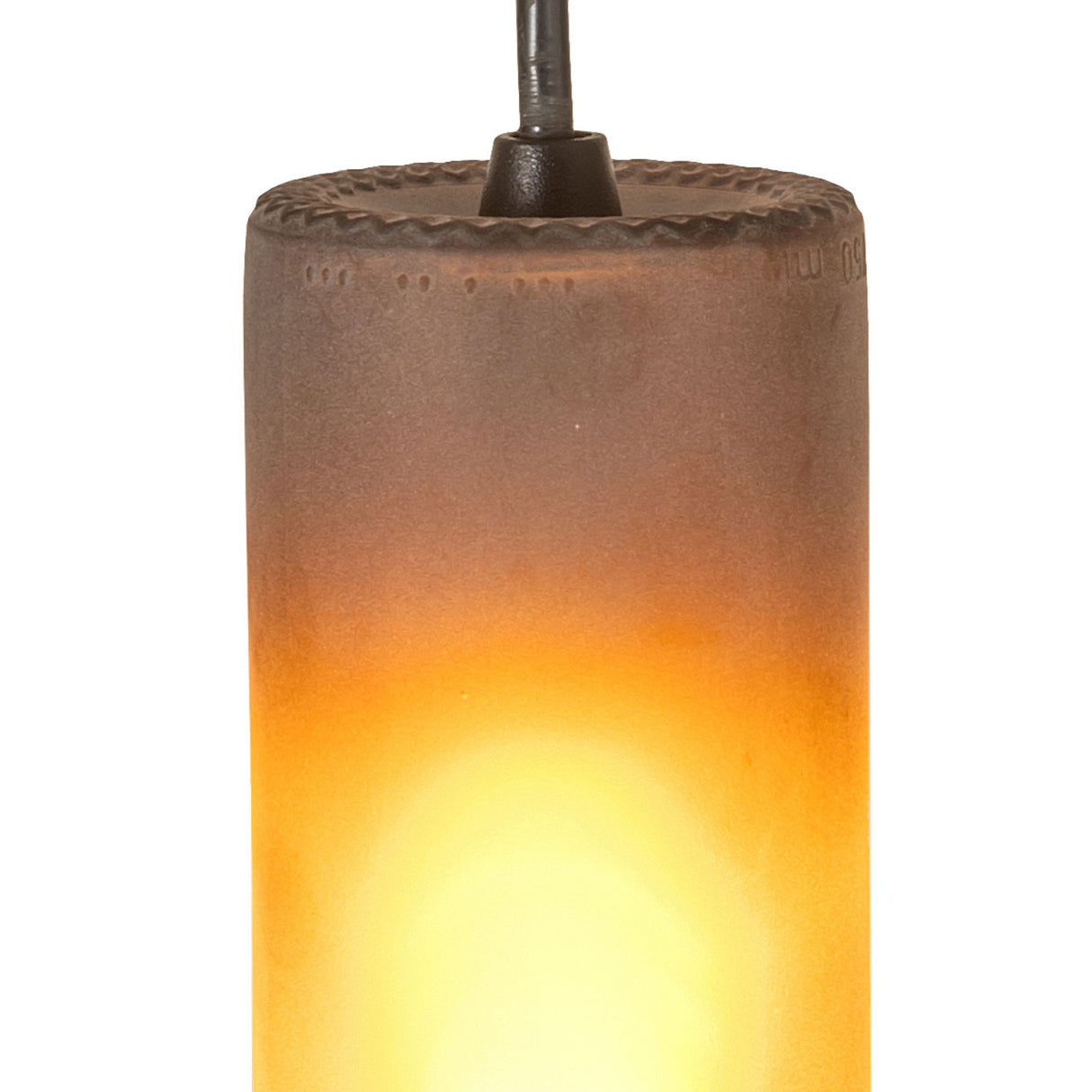 Top detail of the Venice Frosted Amber Wine Bottle Mini Pendant with amber glow.