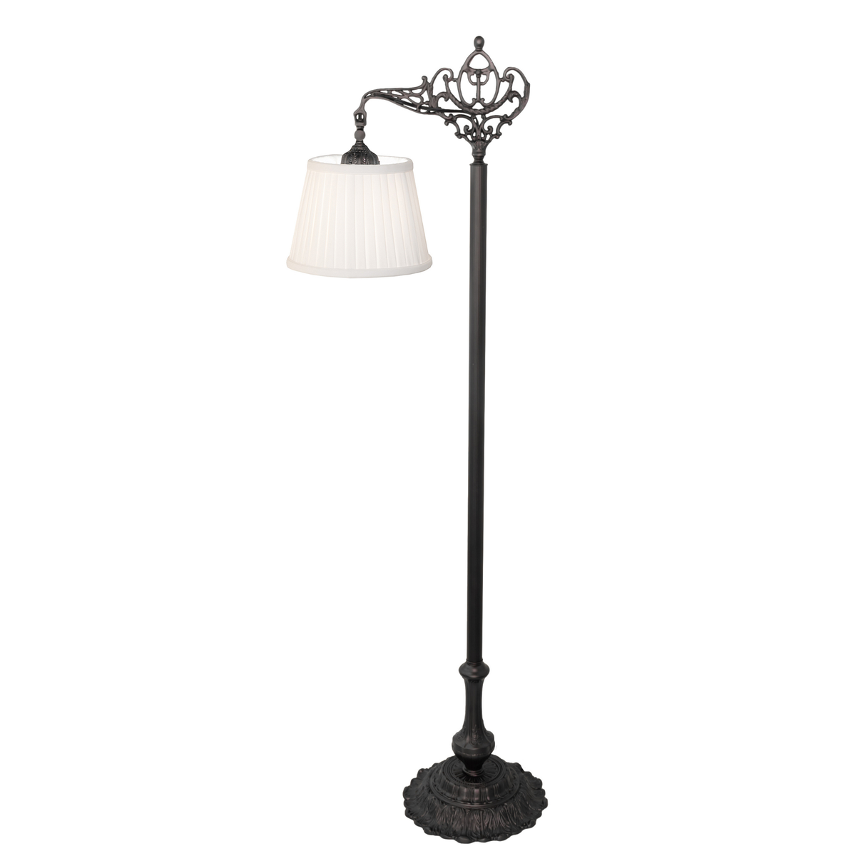 Victorian bridge arm lamp with glowing Textrene shade.