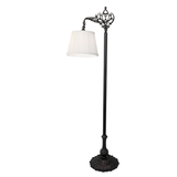Victorian bridge arm floor lamp with illuminated pleated shade.