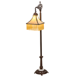 Main lit view of Victorian bridge arm floor lamp with beaded fringe.