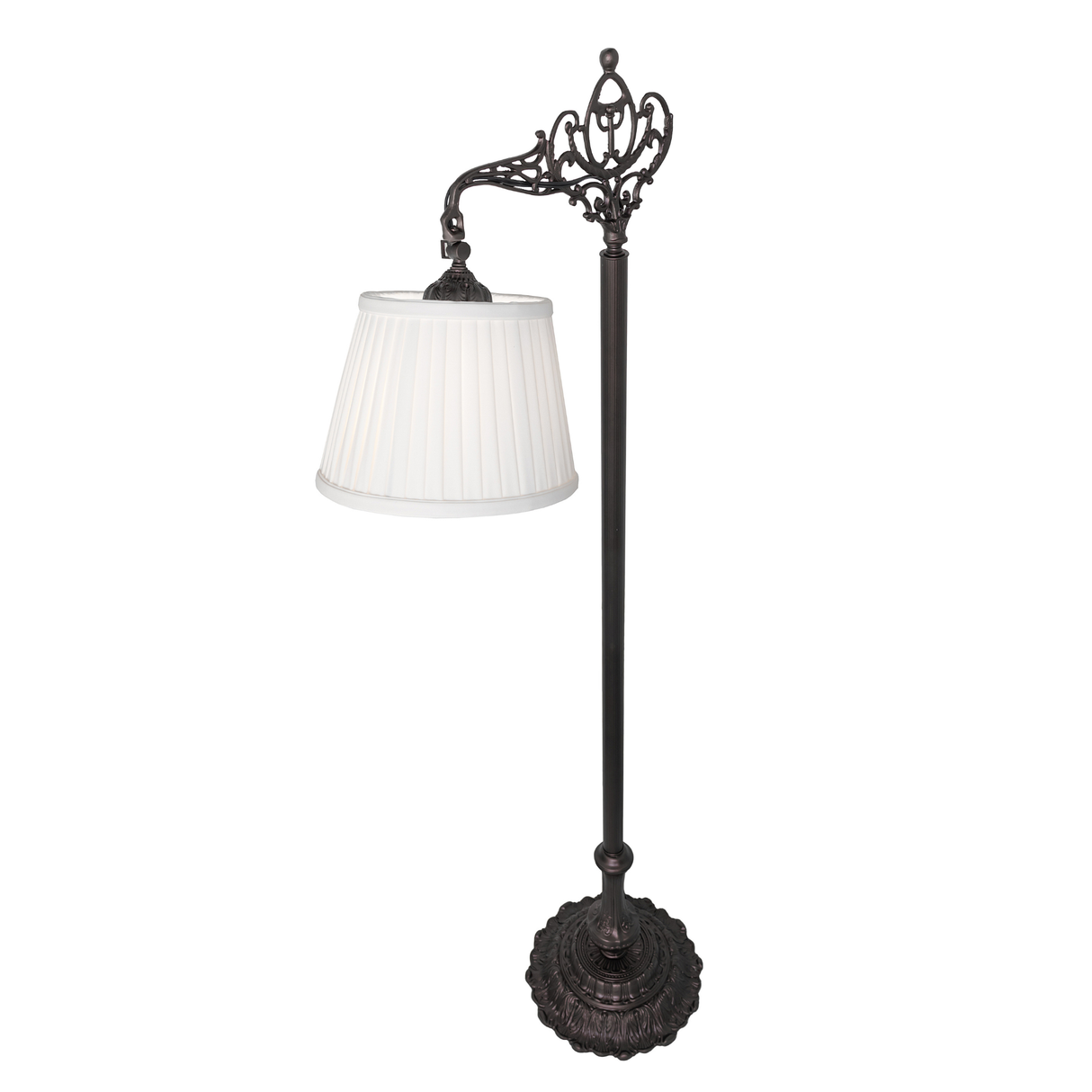 Side view of Victorian floor lamp with ornate scroll arm.