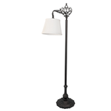 Victorian bridge arm floor lamp shown unlit with white shade.