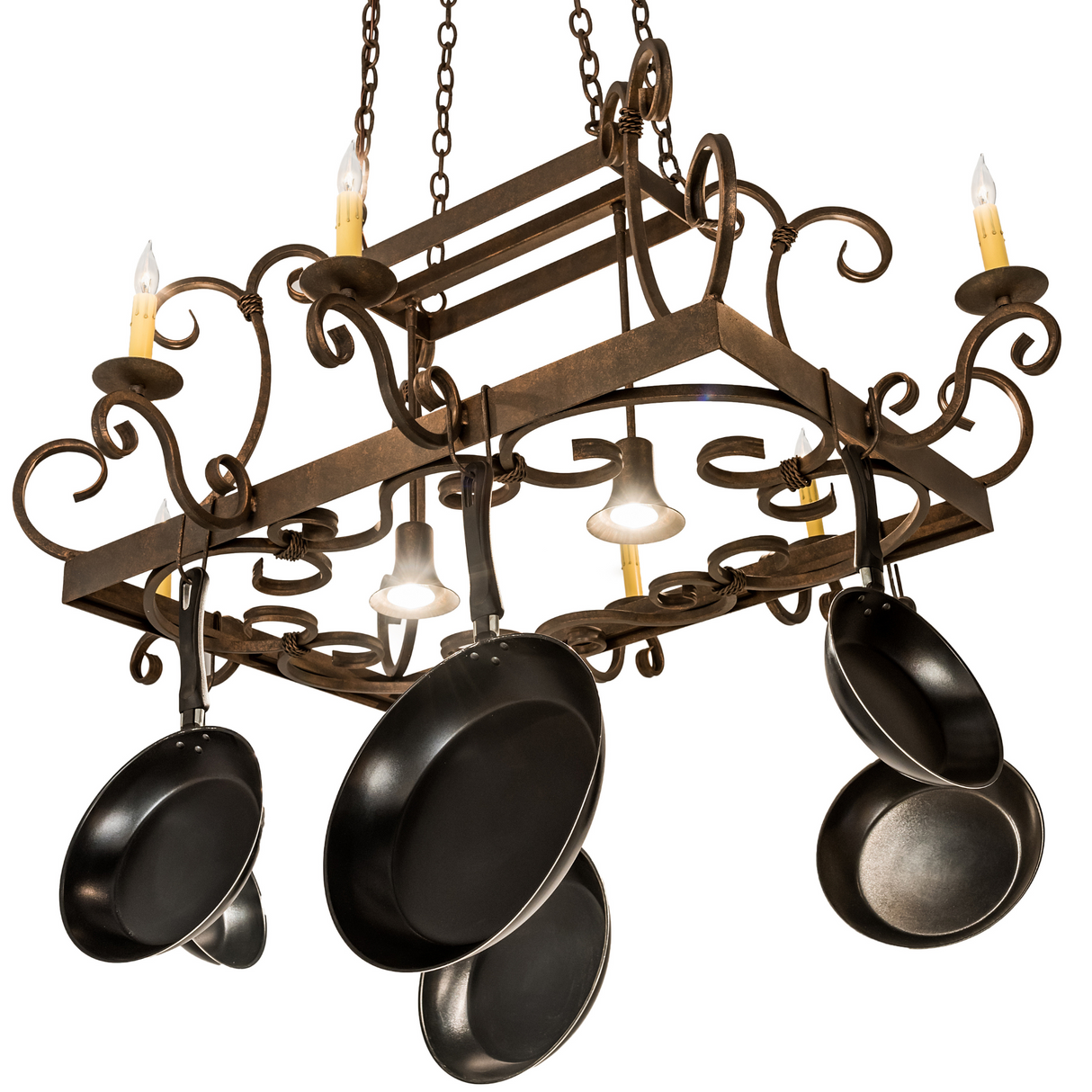 Bottom angled view showing lights and pans on Vineyard pot rack.
